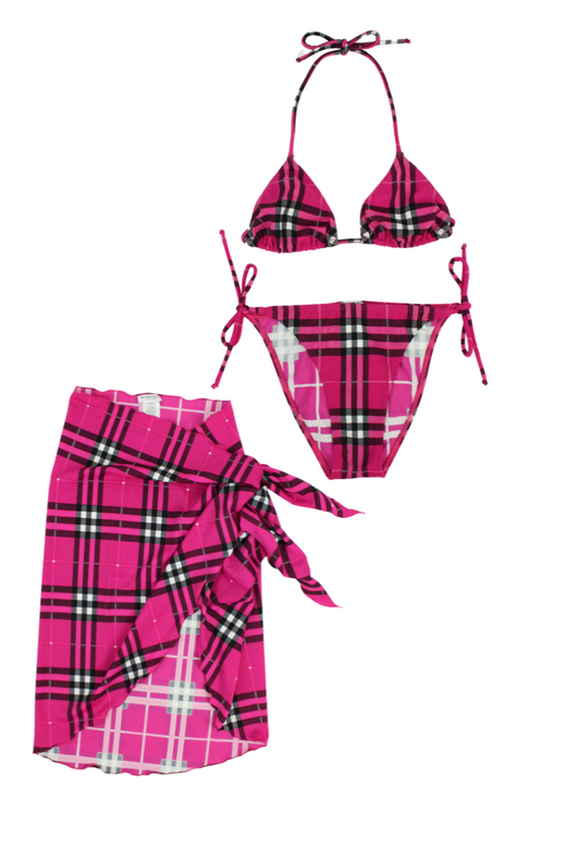 Burberry Set bikini e pareo fantasia check fuxia