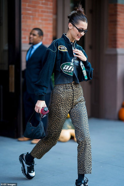 bella hadid wearing animalier leopard print fendi vintage trousers